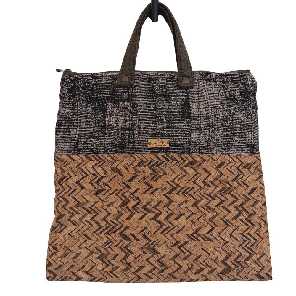 Hagit Abir Accessories Design Cork Woven Tote Bag Chevron Brown Gray Artisan EUC